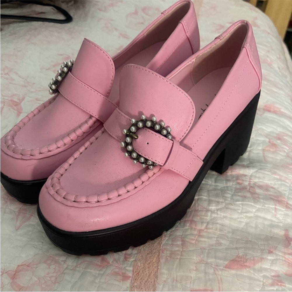 Pink Chunky Loafers with Pearl Detail